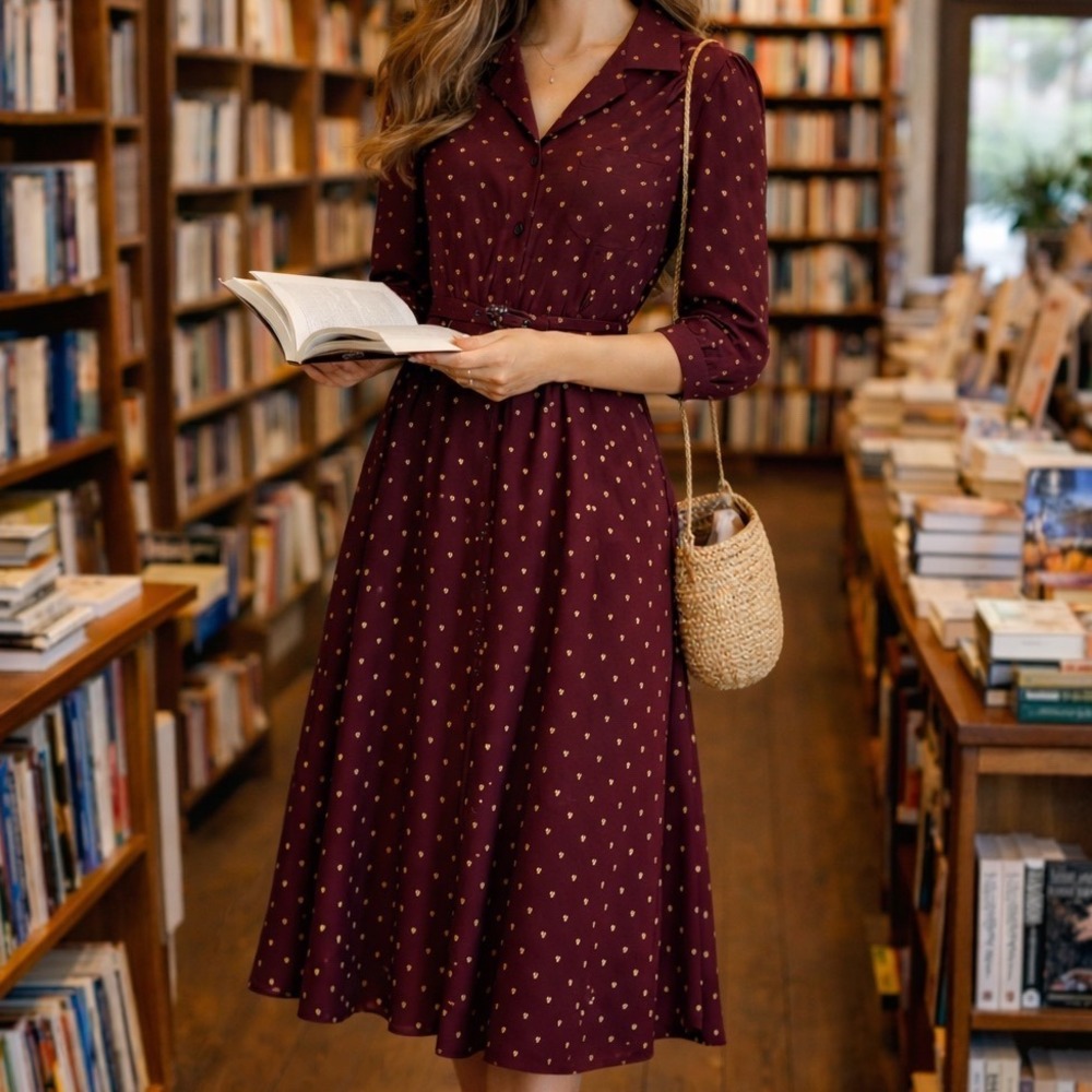 Vtg Jonathan‎ Martin Dress Fox Long Sleeve Belted Boho Cottagecore XS/S Maroon